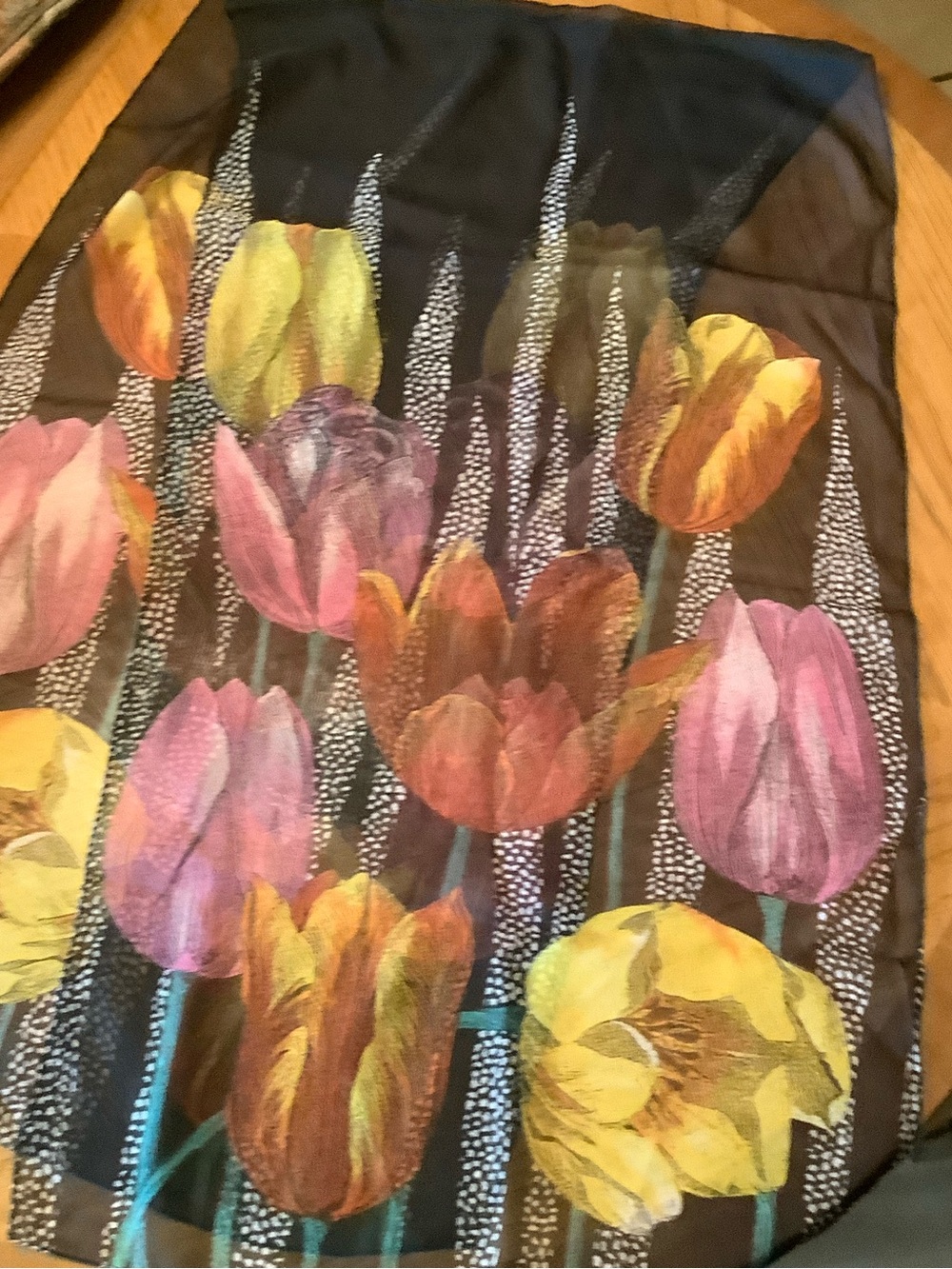 Dominique Floral Tulip Print Scarf in Black, Pink, Yellow, Orange